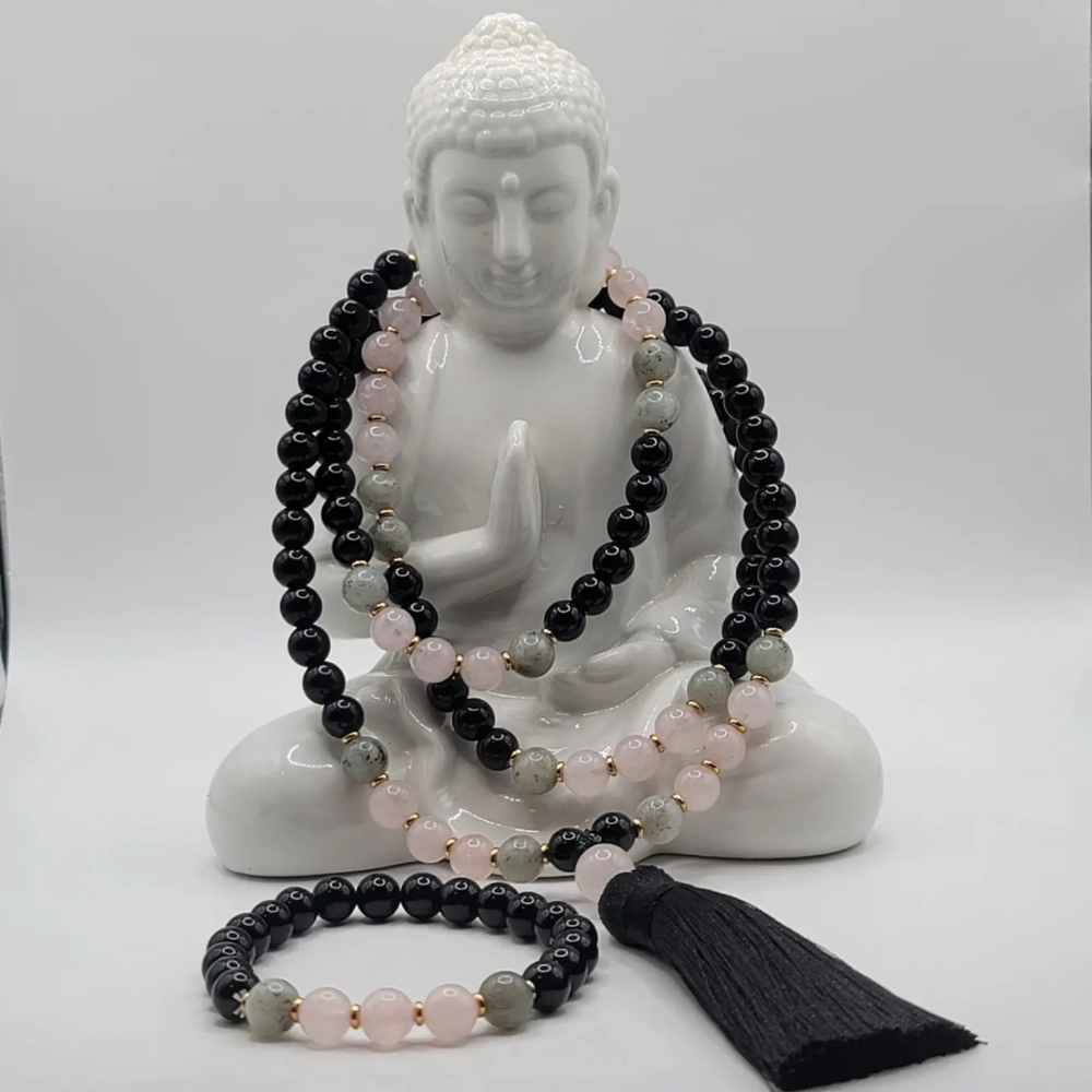 Onyx, Rose Quartz, Labradorite 108 Japa Mala Tassle Necklace & Bracelet Set